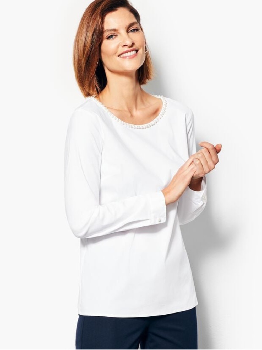 Talbots White Long-Sleeve Pearl-Trim Poplin Top